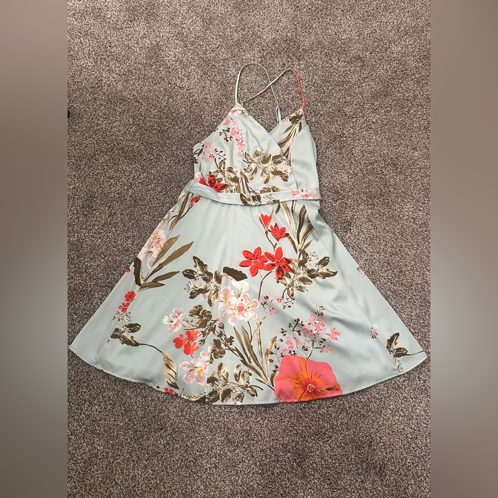 Lulu's Floral Mini Dress in Light Blue and Red